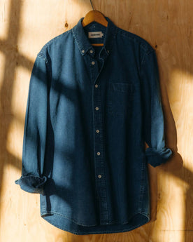 fit model in The Jack in Indigo Oxford, Wovens by Taylor Stitch