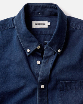 fit model showing the front of The Jack in Indigo Oxford, Wovens by Taylor Stitch