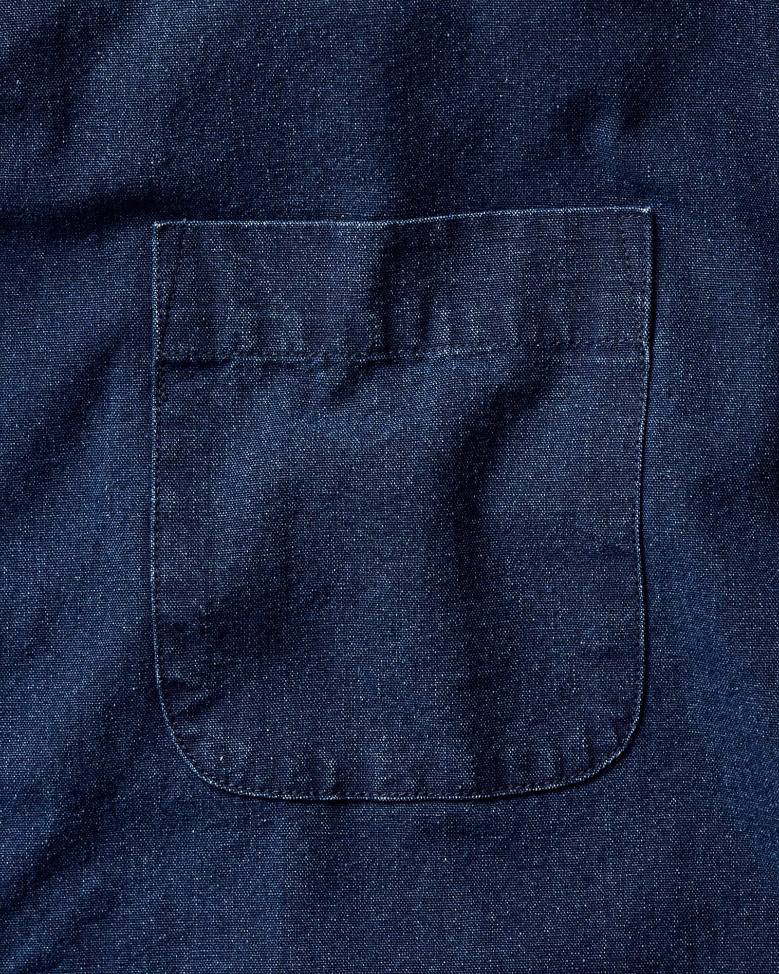 fit model showing the back of The Jack in Indigo Oxford, Wovens by Taylor Stitch