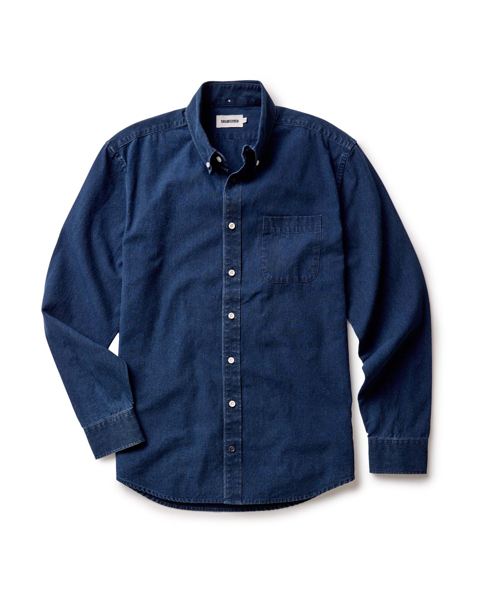 material shot of the collar on The Jack in Indigo Oxford, Wovens by Taylor Stitch