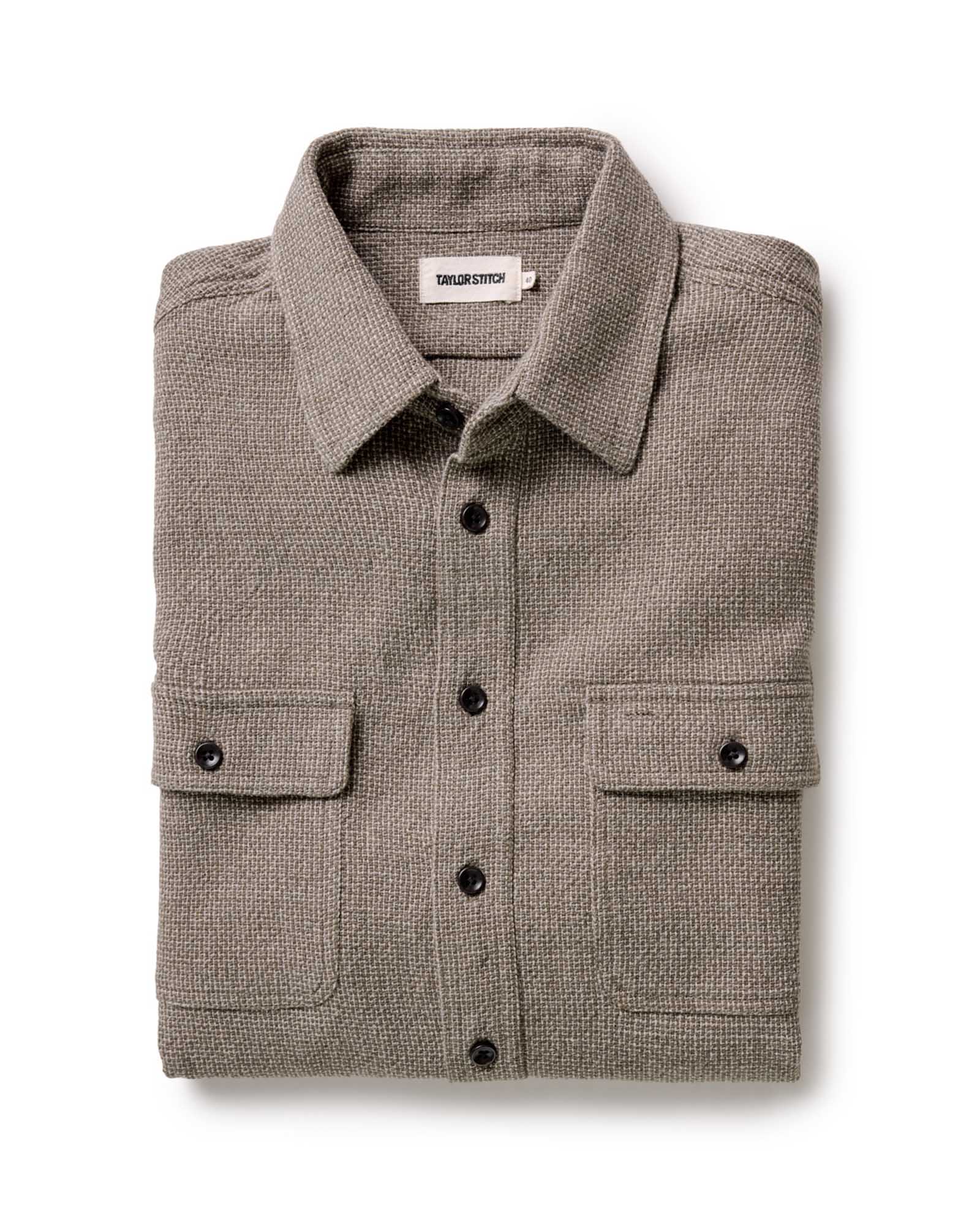 folded flatlay of The Ledge Shirt in Army Linen Tweed, Wovens by Taylor Stitch
