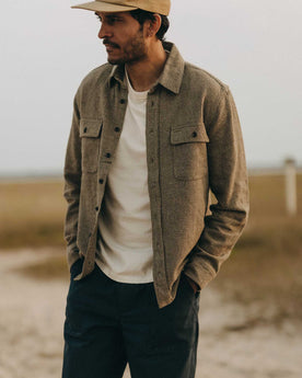 fit model posing in The Ledge Shirt in Army Linen Tweed, Wovens by Taylor Stitch
