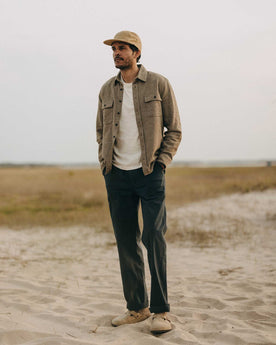 fit model standing wearing The Ledge Shirt in Army Linen Tweed, Wovens by Taylor Stitch