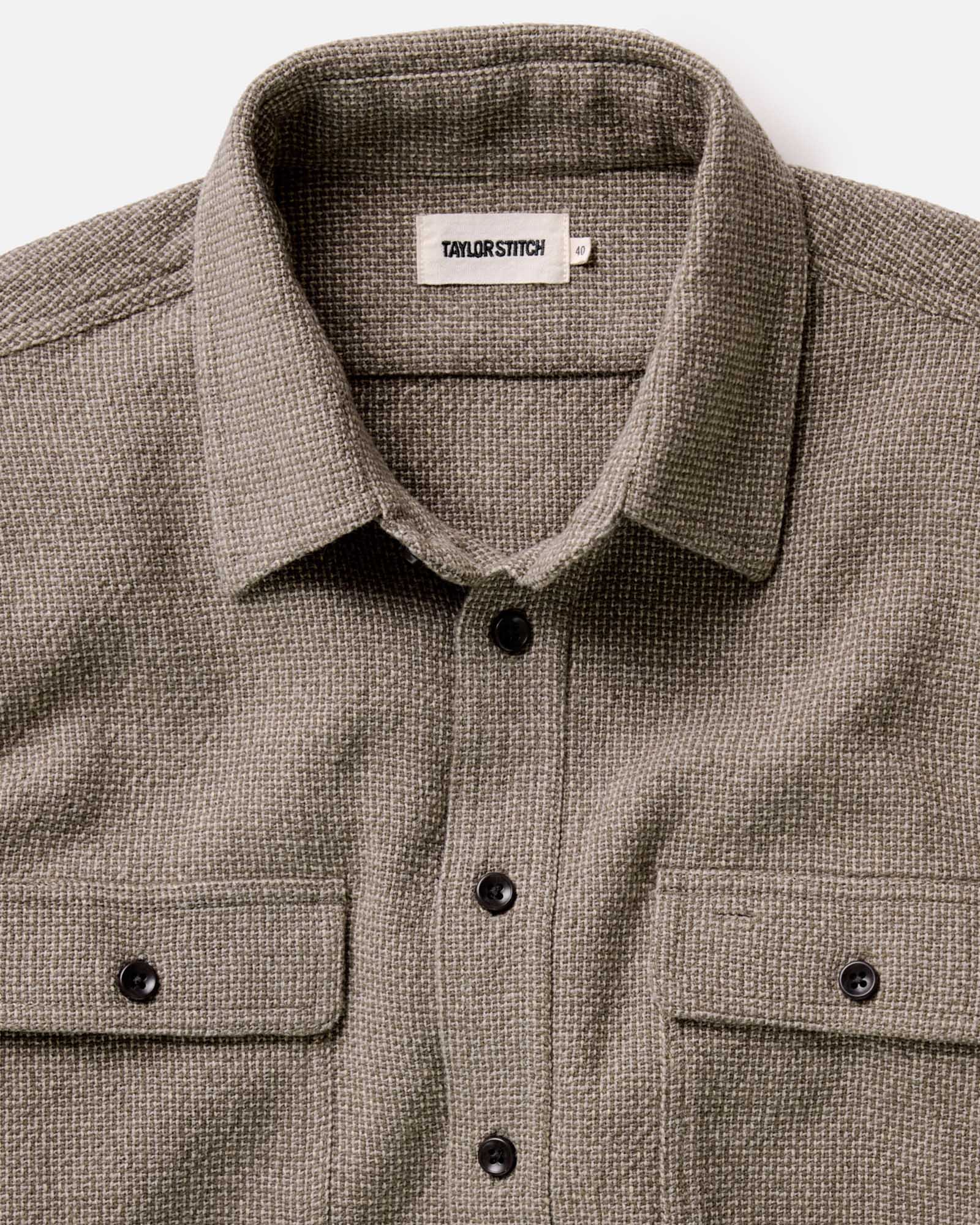 material shot of the collar on The Ledge Shirt in Army Linen Tweed, Wovens by Taylor Stitch
