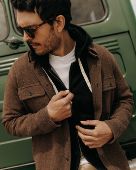 fit model showing off The Ledge Shirt in Black Coffee Linen Tweed, Wovens by Taylor Stitch