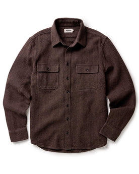 flatlay of The Ledge Shirt in Black Coffee Linen Tweed, Wovens by Taylor Stitch