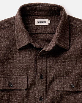material shot of the collar on The Ledge Shirt in Black Coffee Linen Tweed, Wovens by Taylor Stitch