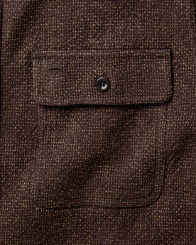 material shot of the pocket on The Ledge Shirt in Black Coffee Linen Tweed, Wovens by Taylor Stitch