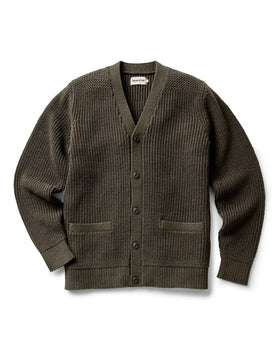 flatlay of The Mariner Cardigan in Heather Loden Slub, Knits by Taylor Stitch