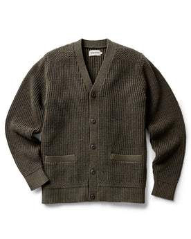 flatlay of The Mariner Cardigan in Heather Loden Slub, Knits by Taylor Stitch