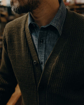 fit model showing off the collar on The Mariner Cardigan in Heather Loden Slub, Knits by Taylor Stitch