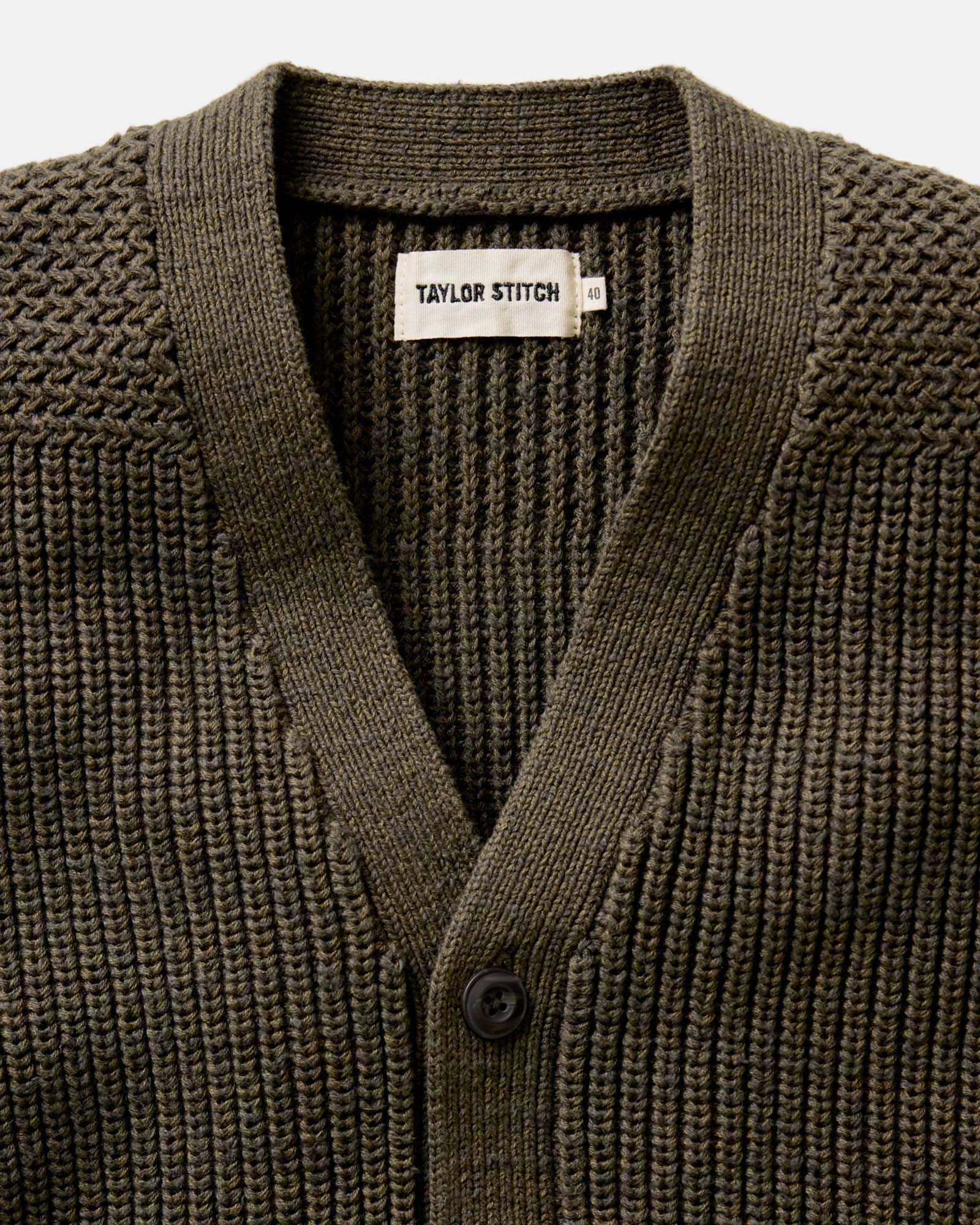 material shot of the collar on The Mariner Cardigan in Heather Loden Slub, Knits by Taylor Stitch