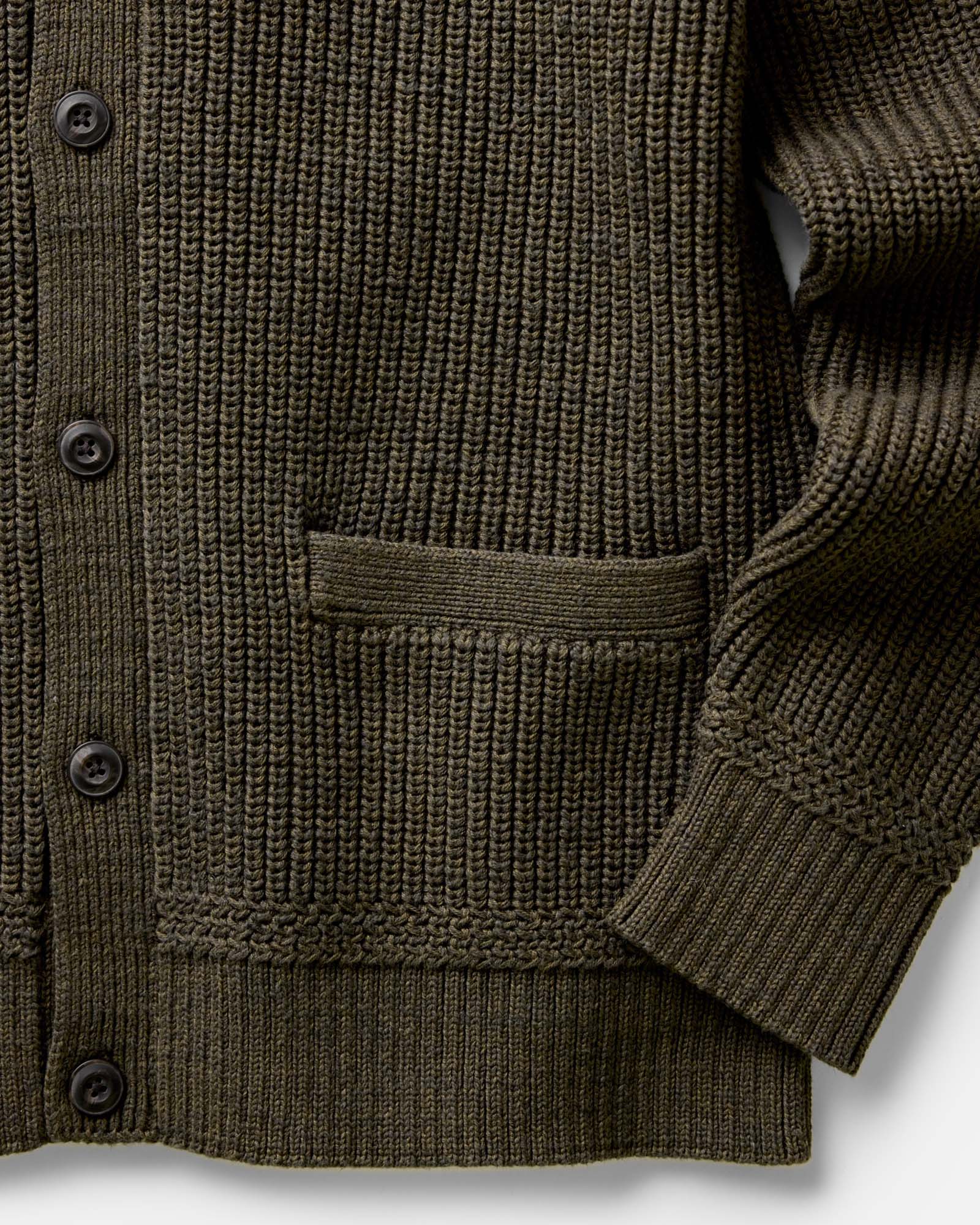 material shot of the sleeve on The Mariner Cardigan in Heather Loden Slub, Knits by Taylor Stitch