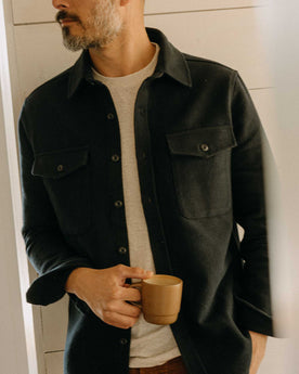 fit model showing off The Maritime Shirt Jacket in Dark Navy Moleskin Twill, Outerwear by Taylor Stitch