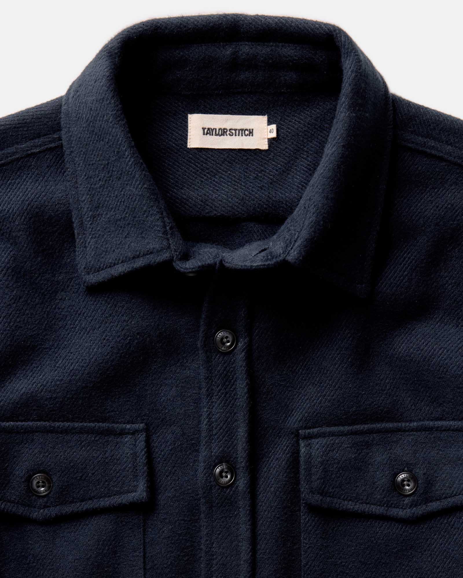 material shot of the collar on The Maritime Shirt Jacket in Dark Navy Moleskin Twill, Outerwear by Taylor Stitch