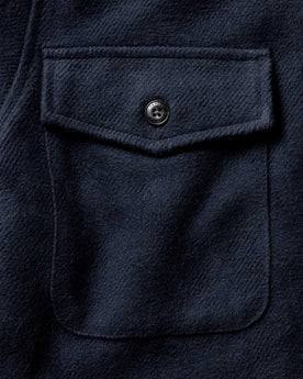 material shot of the pocket on The Maritime Shirt Jacket in Dark Navy Moleskin Twill, Outerwear by Taylor Stitch