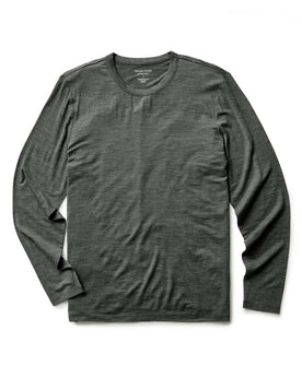 flatlay of The Merino Long Sleeve Tee in Heather Army, Knits by Taylor Stitch