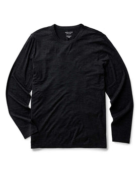 flatlay of The Merino Long Sleeve Tee in Heather Black, Knits by Taylor Stitch
