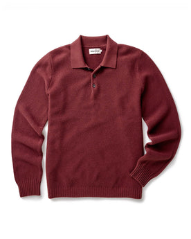flatlay of The Newton Sweater Polo in Dried Cherry Merino, Knits by Taylor Stitch