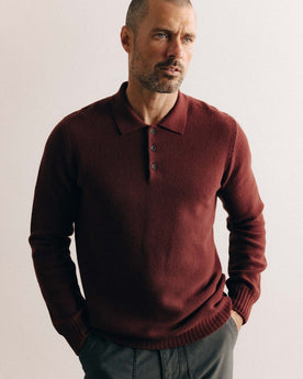 fit model posing in The Newton Sweater Polo in Dried Cherry Merino, Knits by Taylor Stitch
