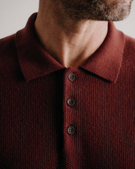 fit model showing off the collar details on The Newton Sweater Polo in Dried Cherry Merino, Knits by Taylor Stitch