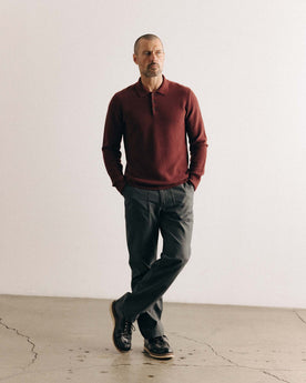 fit model showing off The Newton Sweater Polo in Dried Cherry Merino, Knits by Taylor Stitch