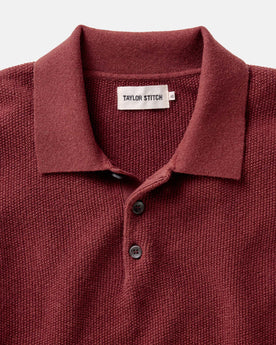 material shot of the collar on The Newton Sweater Polo in Dried Cherry Merino, Knits by Taylor Stitch