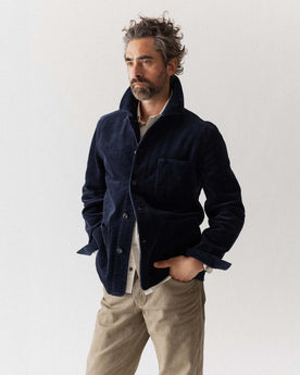 fit model posing in The Ojai Jacket in Dark Navy Corduroy, Outerwear by Taylor Stitch