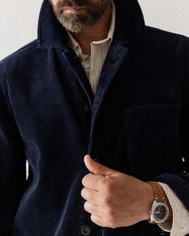 fit model showing off the corduroy on The Ojai Jacket in Dark Navy Corduroy, Outerwear by Taylor Stitch