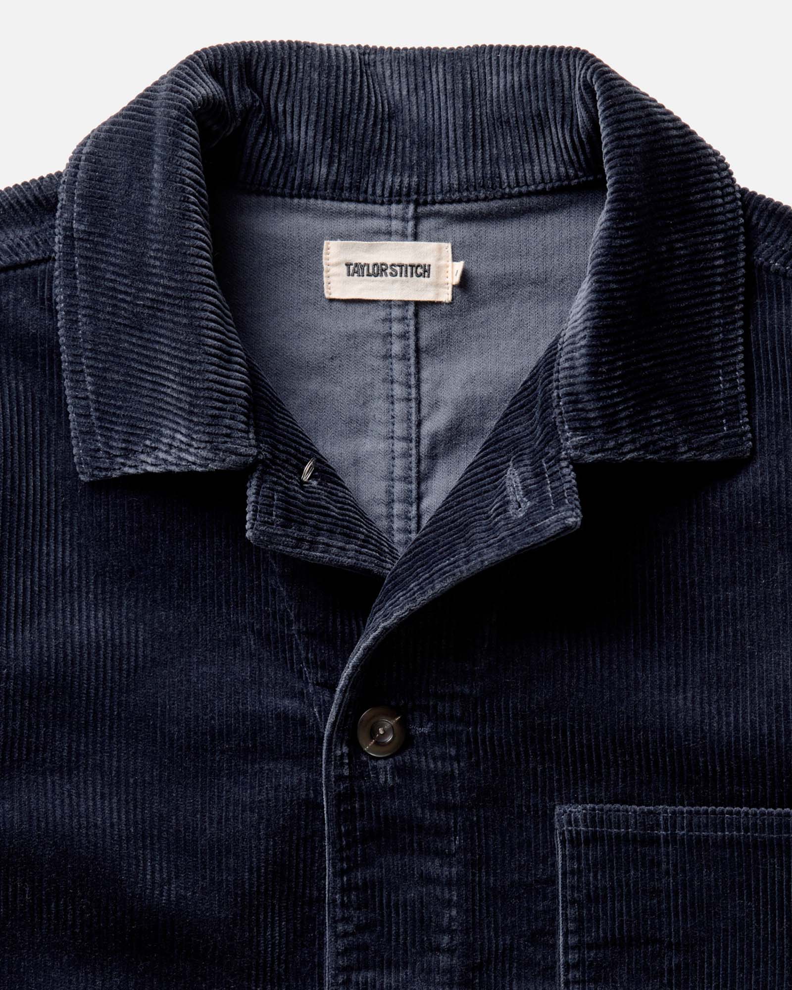 material shot of the collar on The Ojai Jacket in Dark Navy Corduroy, Outerwear by Taylor Stitch