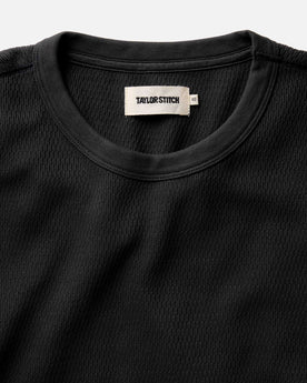 material shot of the collar on The Organic Cotton Crew in Faded Black Waffle, Knits by Taylor Stitch
