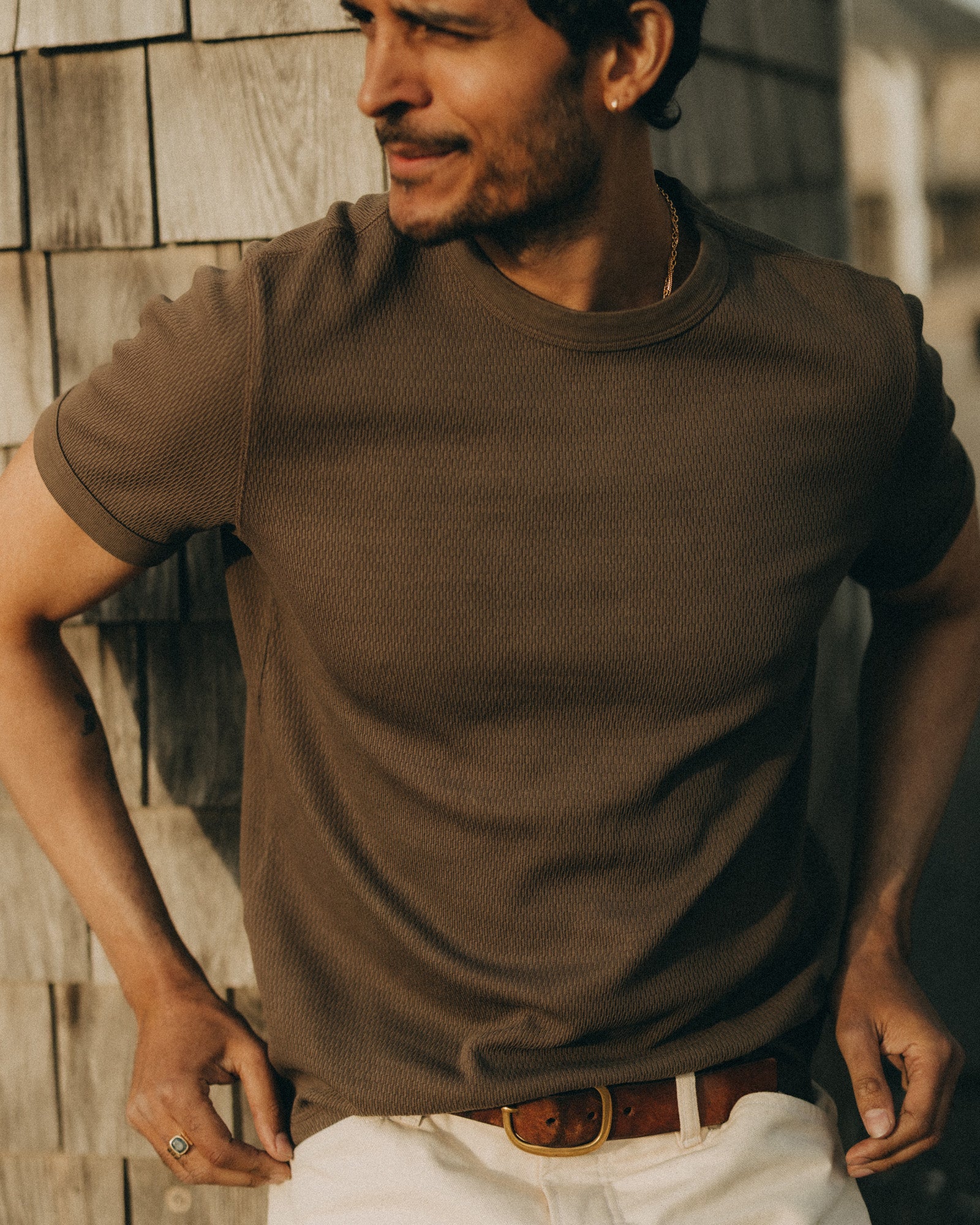 fit model wearing The Organic Cotton Short Sleeve Crew in Fatigue Olive Waffle, Knits by Taylor Stitch