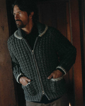 fit model posing in The Seawall Hand-Knit Sweater in Heather Graphite, Knits by Taylor Stitch
