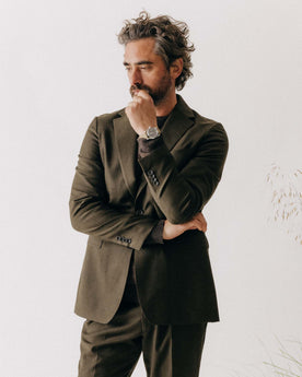 fit model showing off The Stevens Sportcoat in Black Olive Wool Flannel, Outerwear by Taylor Stitch