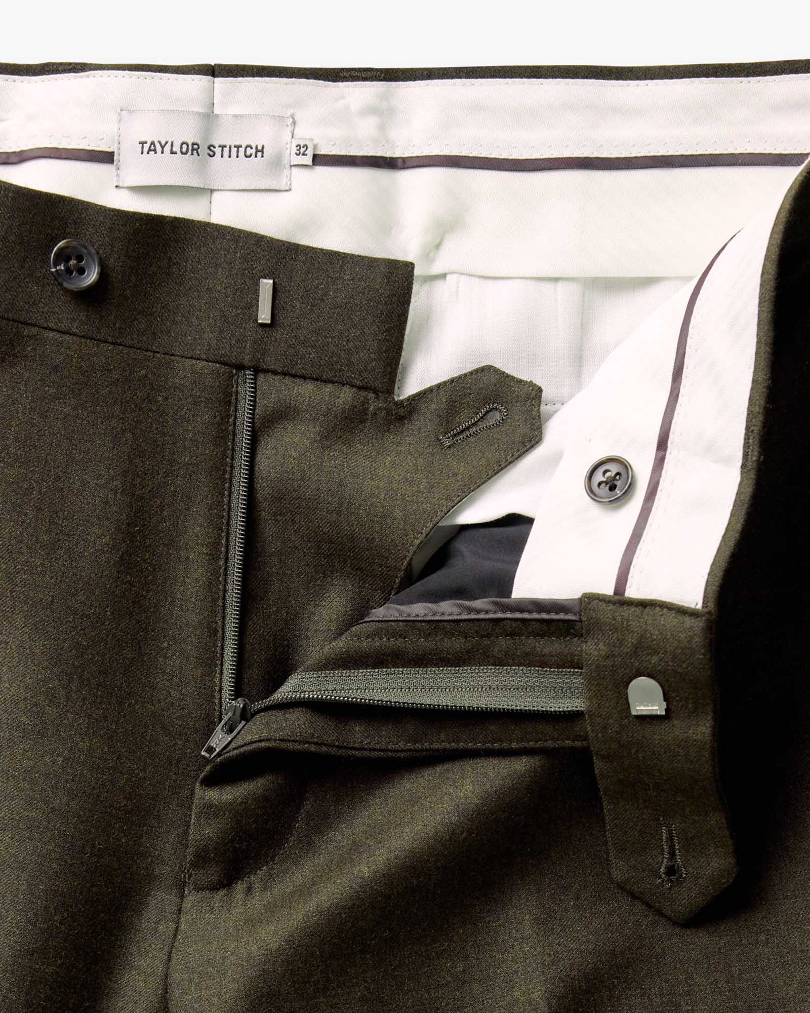 material shot of the zipper fly on The Stevens Trouser in Black Olive Wool Flannel, Bottoms by Taylor Stitch