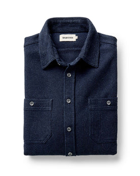 folded flatlay of The Utility Shirt in Rinsed Indigo Sashiko, Wovens by Taylor Stitch