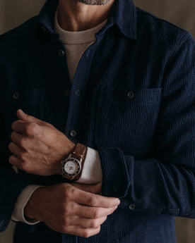 fit model showing off The Utility Shirt in Rinsed Indigo Sashiko, Wovens by Taylor Stitch