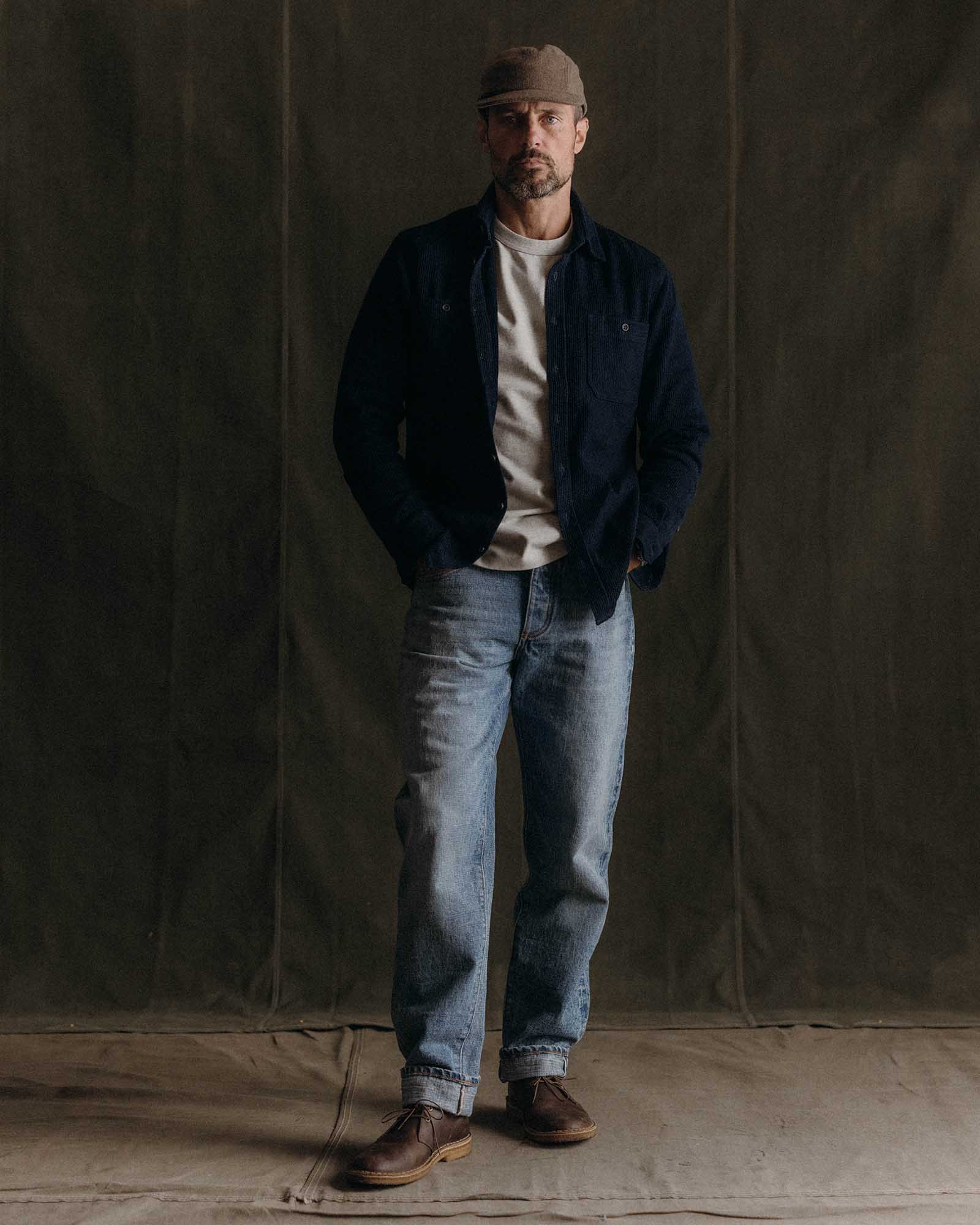 fit model posing in The Utility Shirt in Rinsed Indigo Sashiko, Wovens by Taylor Stitch