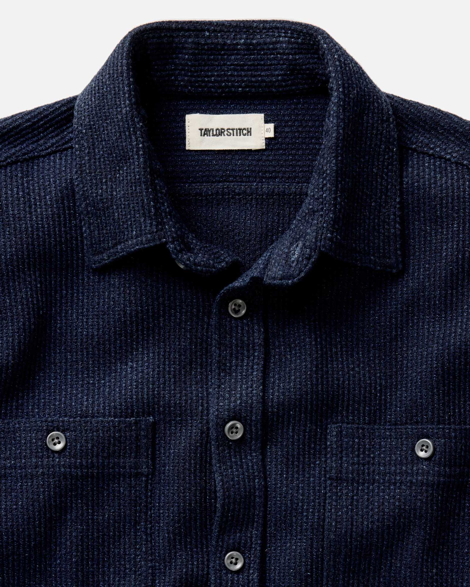 fit model showing off the back of The Utility Shirt in Rinsed Indigo Sashiko, Wovens by Taylor Stitch