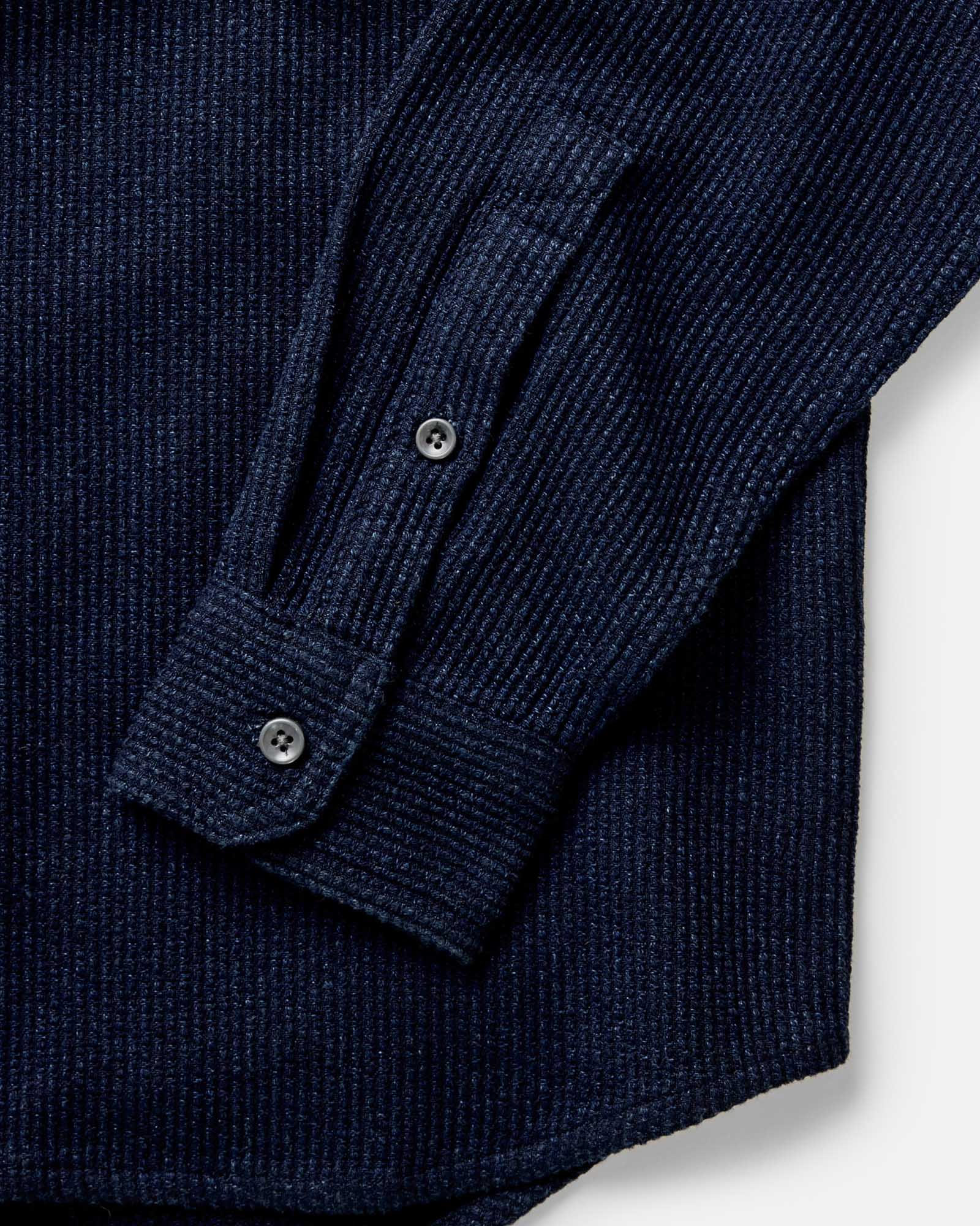 material shot of the collar on The Utility Shirt in Rinsed Indigo Sashiko, Wovens by Taylor Stitch