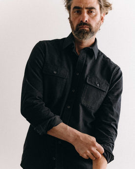 fit model showing off The Yosemite Shirt in Coal, Wovens by Taylor Stitch