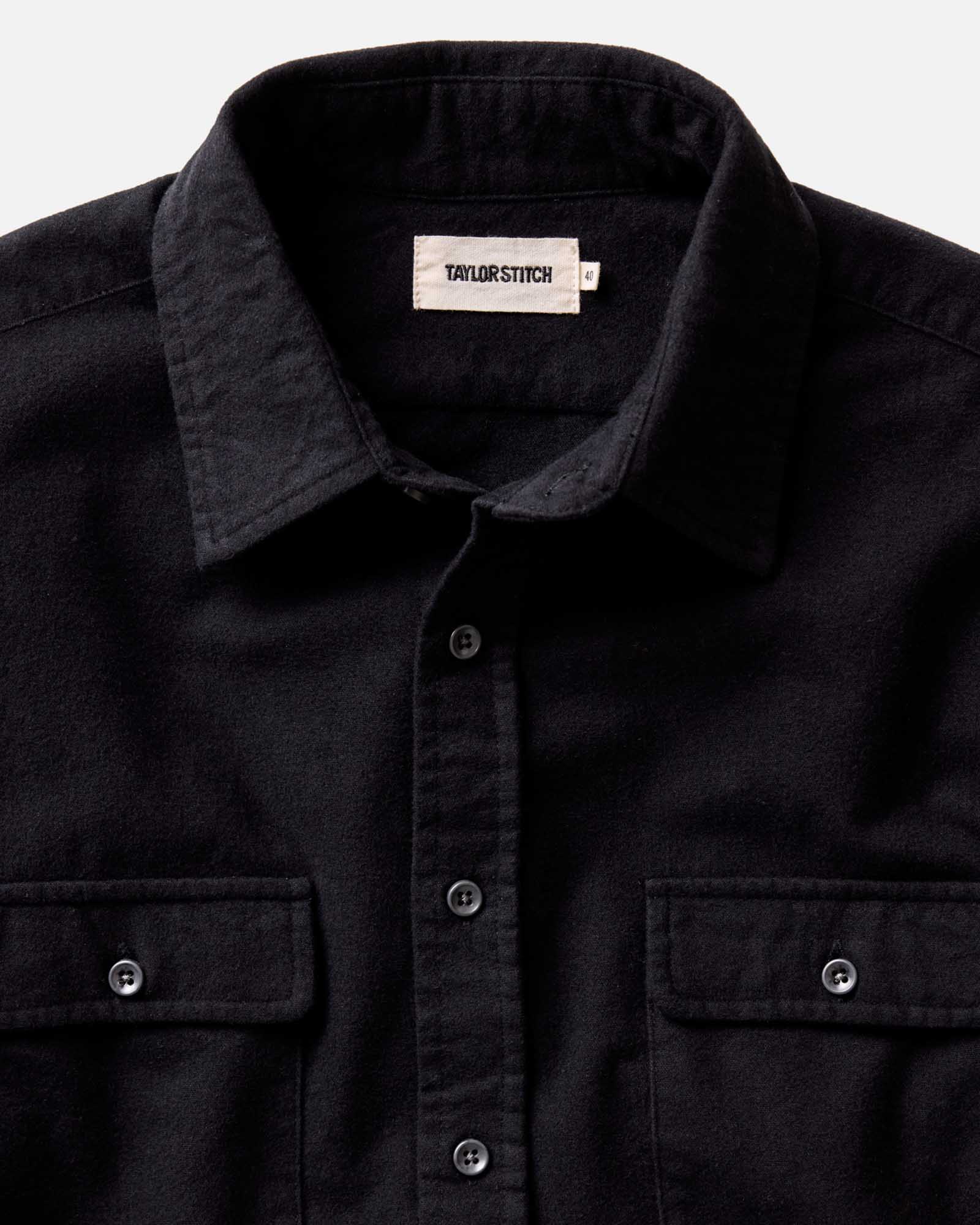 material shot of the collar on The Yosemite Shirt in Coal, Wovens by Taylor Stitch