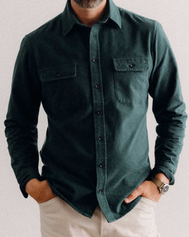 fit model showing off The Yosemite Shirt in Dark Forest, Wovens by Taylor Stitch