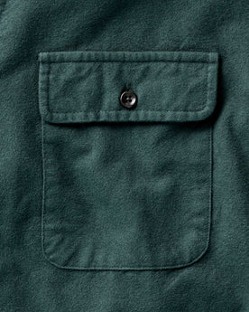 material shot of the pocket on The Yosemite Shirt in Dark Forest, Wovens by Taylor Stitch