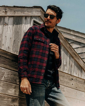 fit model posing in The Yosemite Shirt in Port Plaid, Wovens by Taylor Stitch