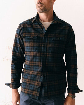 fit model showing off The Yosemite Shirt in Wetlands Plaid, Wovens by Taylor Stitch