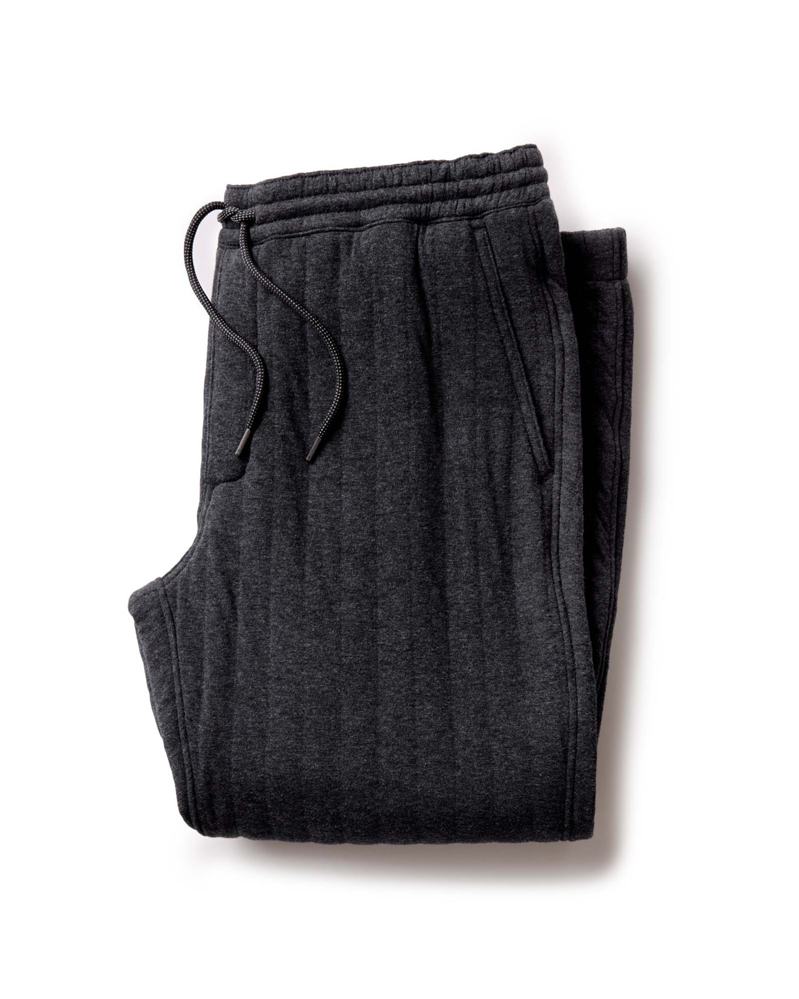 folded flatlay of The Apres Pant in Heather Coal Quilted Jersey, Bottoms by Taylor Stitch