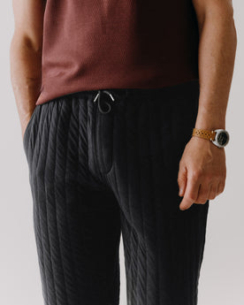 fit model showing off The Apres Pant in Heather Coal Quilted Jersey, Bottoms by Taylor Stitch