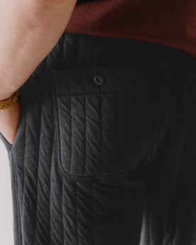 fit model showing off the back pocket on The Apres Pant in Heather Coal Quilted Jersey, Bottoms by Taylor Stitch