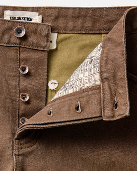 material shot of the waistband on The Chore Pant in Aged Penny Chipped Canvas, Bottoms by Taylor Stitch